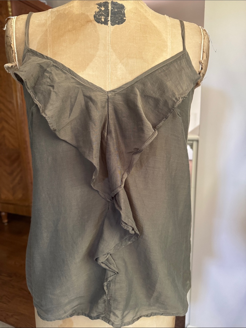 Velvet by Graham & Spencer Olive Green Ruffle Silk-Cotton Camisole